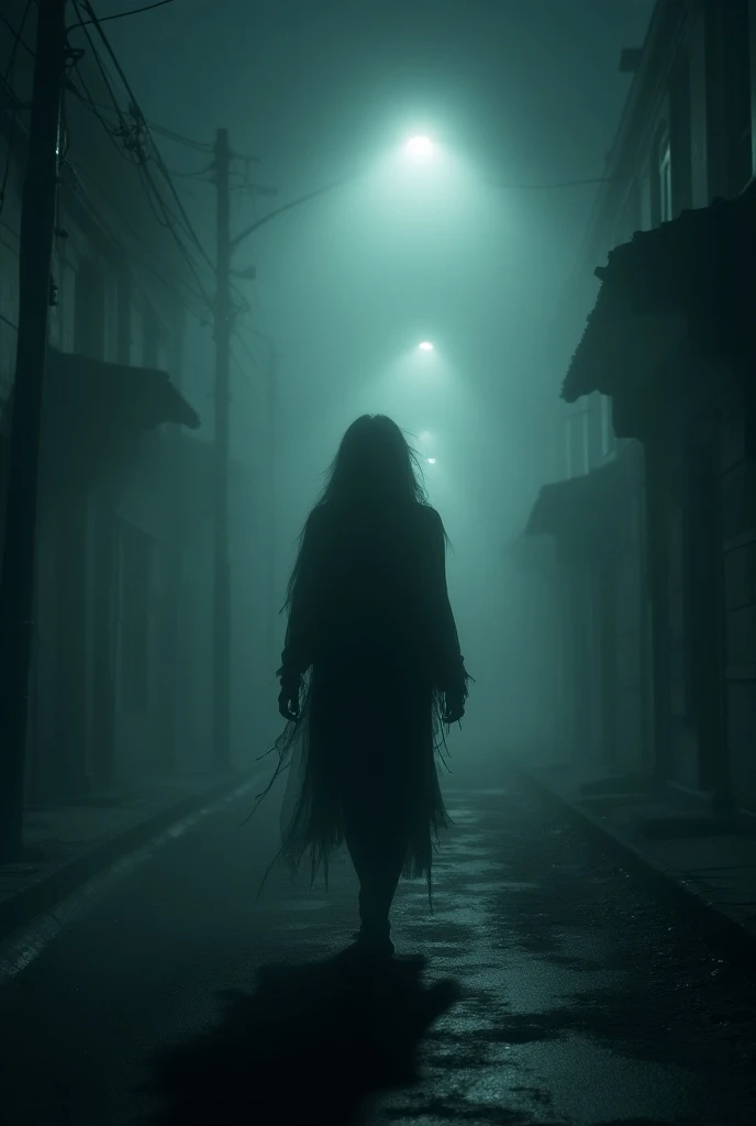 "foggy dark street with old buildings"

"abandoned road with mist and broken street lights""ghostly shadow figure walking, eerie woman silhouette with tattered clothes"
"man running away, body disappearing, terrified face, haunted street""dim streetlights,...