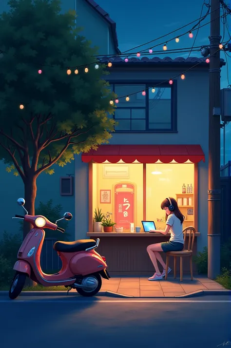 A small soda shop decarated with lights at night and a gurl sitting inside at the table and wearing headphones while working with laptop. Outside of the shop, a scooter parked at the tree. Night theme. Led lights decorated on rope outside and cozy night. 4...