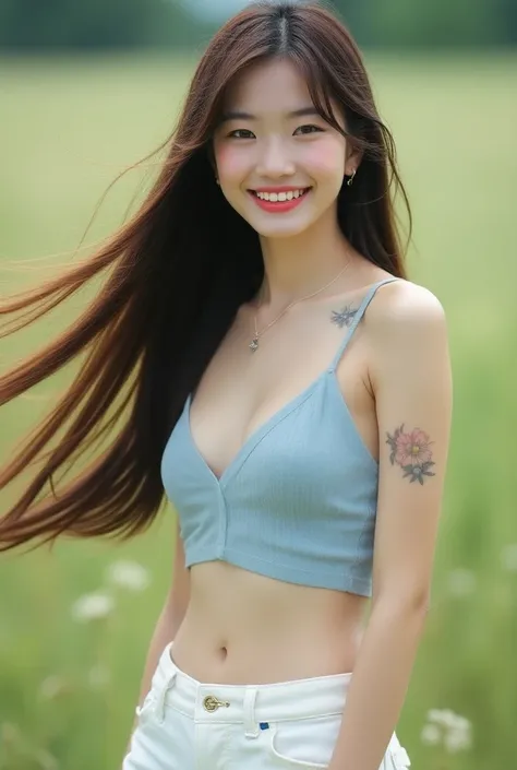 Very cute and young chinese lady with red lip.She is light smile with upper teeth and have dimple.She wear white knee- breeches ,   light blue camisole can view her bra-  and white walking shoe.She have  tatto at her hand and her chest .She have the longes...