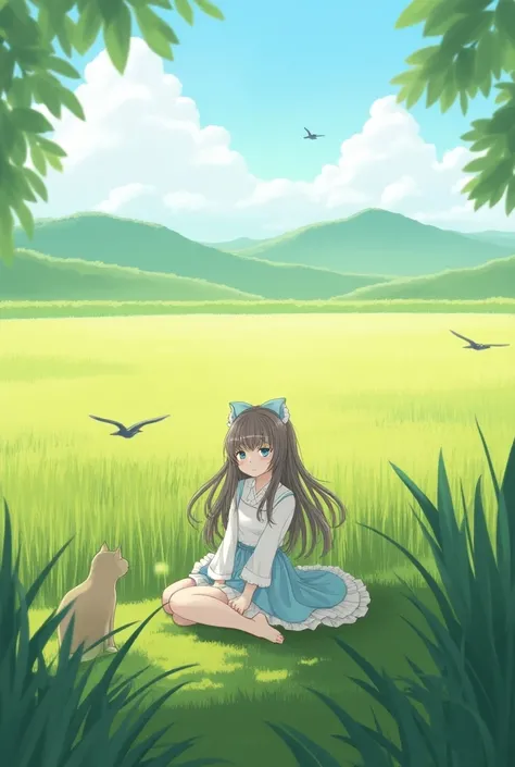 Girl sitting ,anime,  there are some birds, Cat,rice field background,HD