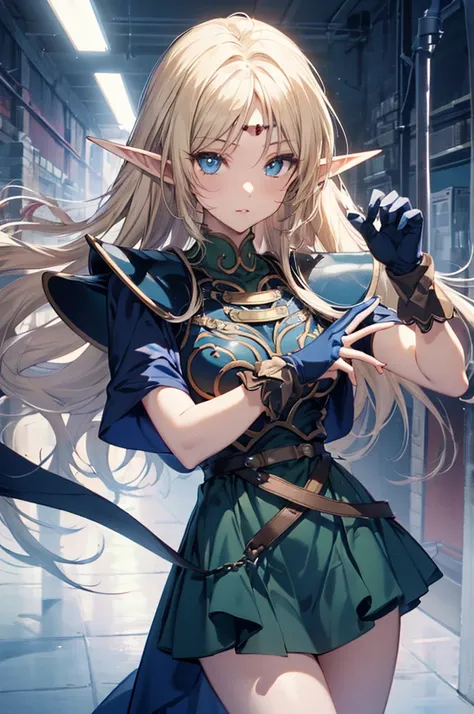 cowboy shot, 1 girl, deedlit, alone,  pointed ears, long hair, blonde, green dress, armor, gloves, elf, blue gloves, cape, blue ...