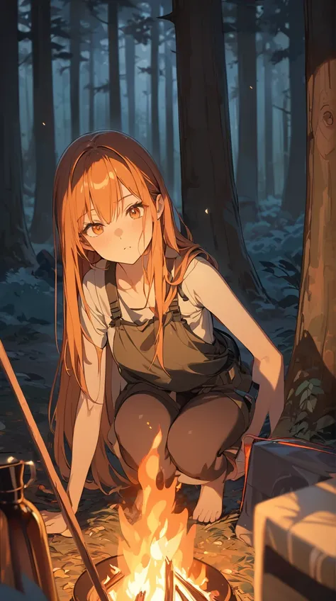 One Girl、 expression full of determination 、Sharp Eye、 long straight hair 、Carrying camping equipment 、Small breasts、 attitude of preparing for a wild camp、  
   break、  
   evening、(Warm Light:1.2)、Orange shades、Soft Shadows、Adventurous atmosphere、  
   b...