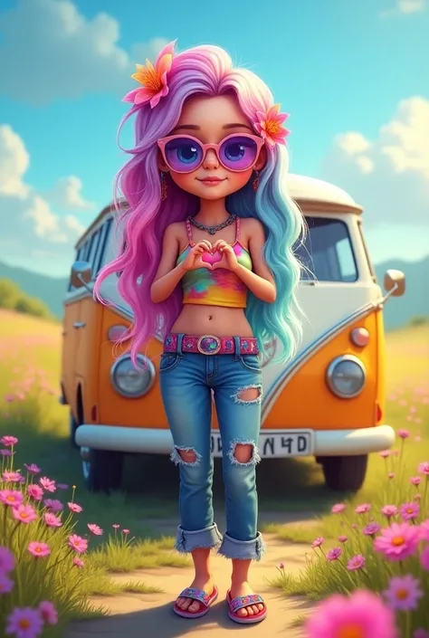  a hyperealistic shiny digital whimsical illustration of a cute hippie girl with flowers in her long pink iceblue and purple hair, wearing iridescent sunglasses, wearing a colorful hippie tank top with ragged jeans and colorful flip flops and she is making...