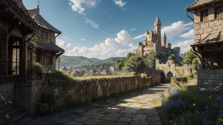 ((masterpiece)),((Best Quality)),(( high detail)), background, fantasy, Overlooking,  Splendid Medieval Castles, Large Kingdom ,  Heraldic Flags , Medieval streetscape, blue sky, Bard,  wizard, soldier