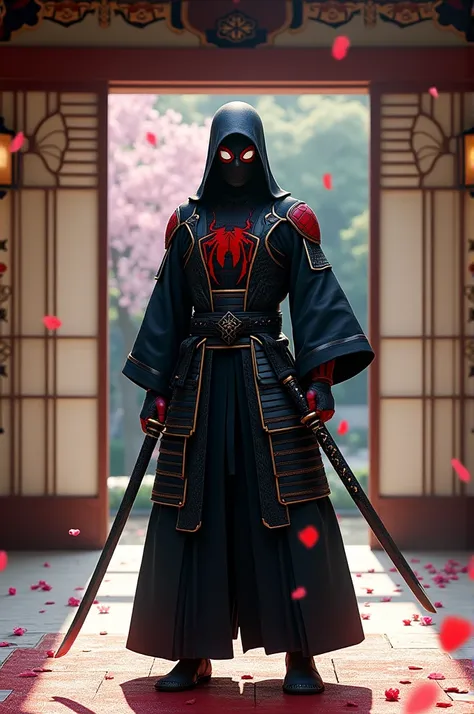 Spider-man in a Japanese palace dressed as a samurai trained with his swords