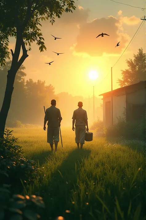 A picturesque village at dawn with soft golden light breaking through the trees. Silhouettes of farmers walking toward fields, with birds in flight and dewdrops glistening on grass