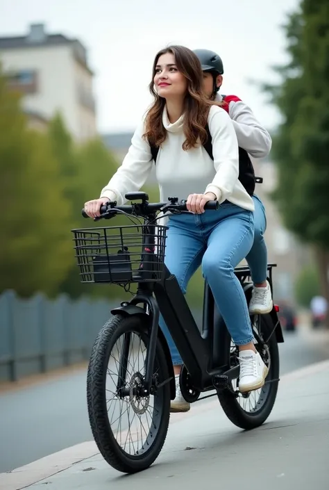 A young woman is riding an electric bicycle up a slope with a  on the back. The woman is dressed casually, wearing a white sweater, blue denim pants, and white sneakers. The bicycle is black, with a large basket on the front and a  seat on the back. The  i...