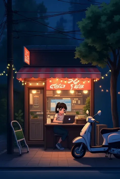 A  soda shop at night and a young women sitting inside at the table and wearing headphones while working with laptop. Outside of the shop, a scooter parked at the tree. Night theme. Led lights decorated on rope outside and cozy night. 4k quality image. Bea...