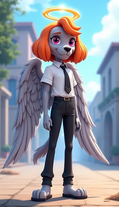 Skye from Paw Patrol, anthro, female cockapoo, mature adult, orange hair, magenta eyes, tall, slim, grey angel, grey angel halo, grey angel wings, white shirt with black tie, black pants, black shoes, full body, standing, detailed, solo, beautiful, high qu...