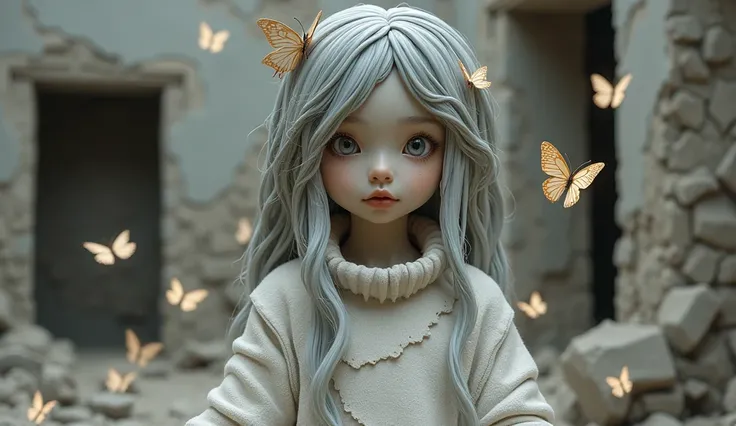 clay sculpture，Clay，Cement sculpture，Beautiful Asian girl，She has long fluffy hair, Messy hair，There&#39;s a butterfly on my lips. She was wearing a white baggy tattered sweater，  Swarms of glowing butterflies，The Art of Death，Death Stare，ruins