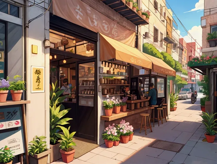 hand drawn flat vector illustration of a a mobile coffee shop with an espresso machine inside, surrounded by potted plants and flowers. The exterior is decorated in an anime style, featuring city streets in the background. This scene captures urban life du...