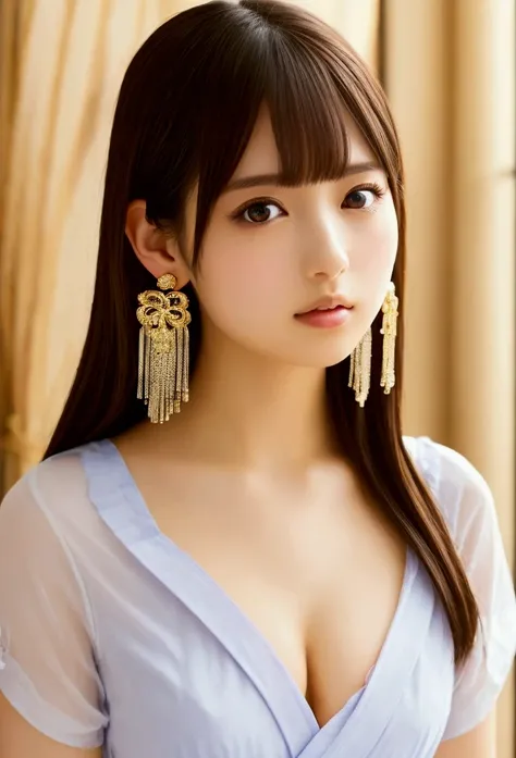  is arranged in a high quality illustration, masterpiece,   so delicate and beautiful , Slender body,  beautiful eyes, masterpiece, Best Quality,  High Resolution ,  very detailed,  perfect lighting、Very young、1 female、shirt，Yukata、Brown Hair、Earrings、Sit-...