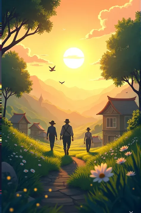 A picturesque village at dawn with soft golden light breaking through the trees. Silhouettes of farmers walking toward fields, with birds in flight and dewdrops glistening on grass 3D pixel style 