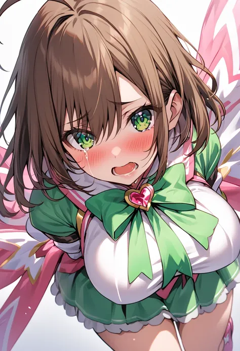 Best Quality、  angle from above  、One Girl、Magical Girl、 miniskirt 、Brown Hair、short hair、Ahoge、green eyes、cry、Big Breasts