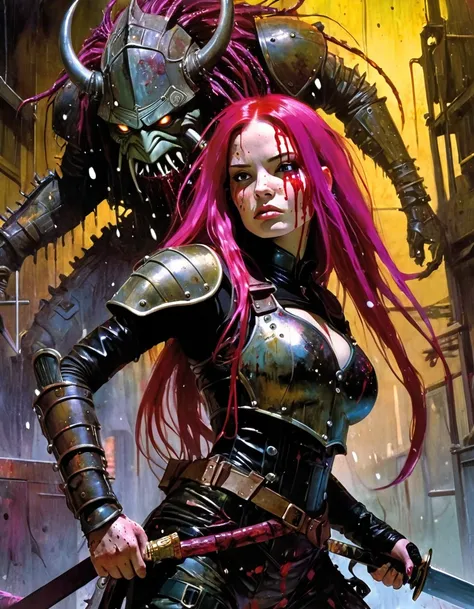 girl with long magenta hair, warrior with black steampunk armor, sword ((complete armor)) ((red liquid splattered dirty face)), night action scene, military installation interior background, faces a large deformed monster inspired by "The Thing" concept Ca...