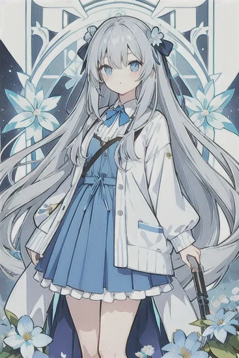 Gray hair、Very long hair, side tail on the right side, odd eye、Left eye is light blue、The right eye has gray eyes, flower-shaped pupils, loose blouse, light blue cardigan, light blue skirt, gray ribbon on the collar, girl, cute, quiet, light blue flower fi...