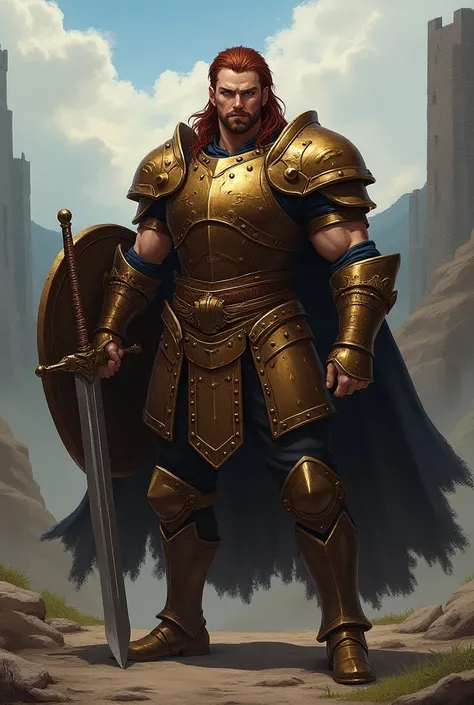 Create a portrait of Sir Hader Firth, a tall and muscular warrior with deep blue eyes and copper-toned skin. He has long, dark red hair slicked back. He is clean shaven with a chiseled jawline. He wears heavy bronze armor that shines in the light and carri...