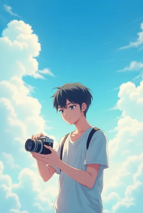 Make a cute boy or men holding a camera in anime style and in background beautiful sky