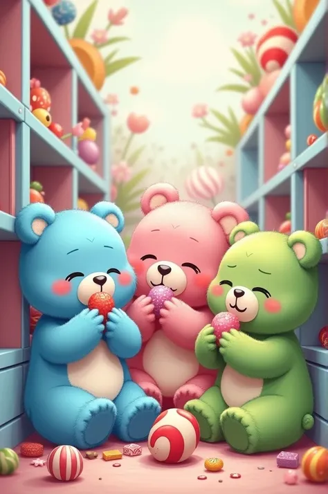 Draw a picture of the three affectionate blue ,  pink and green bears eating candies that they keep in a locker