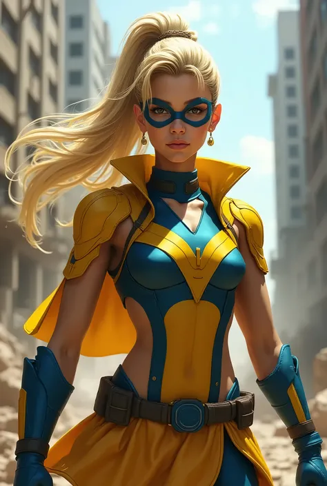 female teen ponytail blonde superheroine wearing yellow and blue battlesuit with skirt, belt, domino mask in clench hest after battle