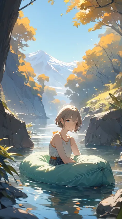 One Girl、A happy smile、Bright Eyes、Short Hair、Outdoor Clothes 、 Relaxing in a Sleeping Bag、Small breasts、 Nature Enjoying Posture 、  
   break、  
   Morning Light、(Soft Light:1.1)、Warm shades、Gentle Shadows、 Relaxed Atmosphere 、  
   break、  
   Lakeside、B...