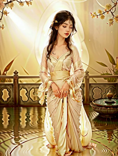   A masterpiece, 8k photorealistic image, of a woman with (warm ivory skin, delicate features, and long, flowing black hair adorned with jasmine flowers) draped in a (classic silk saree, the color of a twilight sky, with intricate gold paisley embroidery s...