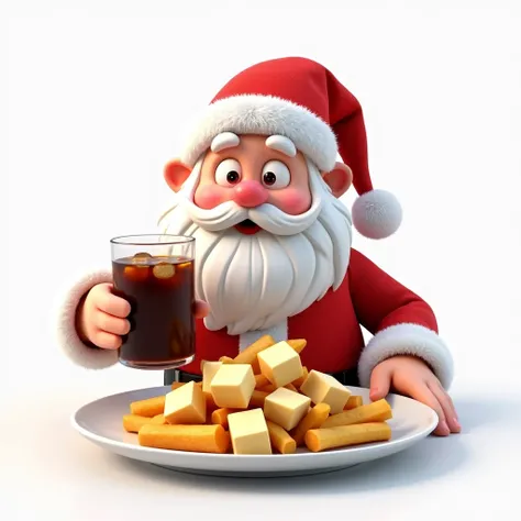 Un dessin réaliste 3d sympathique  Père Noël, gros yeux, regarde assiette de frites recouvert de sauce brune et de cubes de fromage blanc, verre de cola dans une main. Arrière-plan blanc.