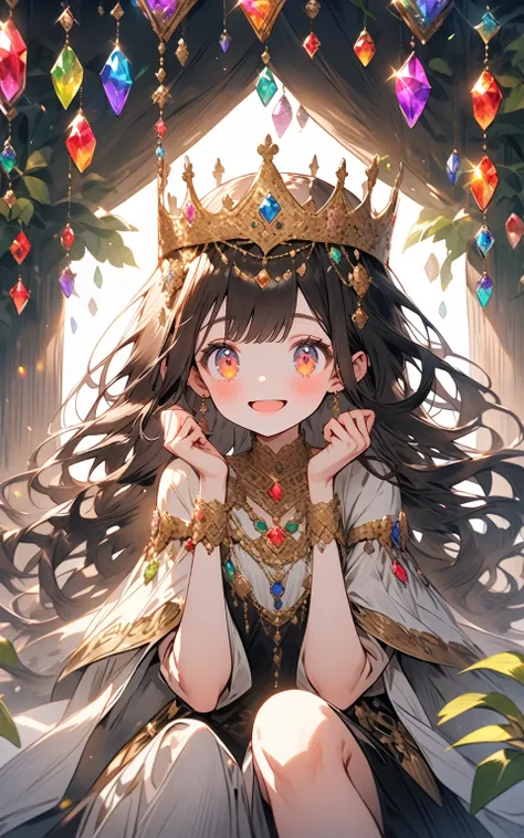 A vibrant and detailed illustration of a young, anime-style girl in a fantasy setting. She is sitting on the ground surrounded by various colorful gems, jewelry, and treasures, creating a rich and opulent atmosphere. The girl has long, flowing brown hair w...