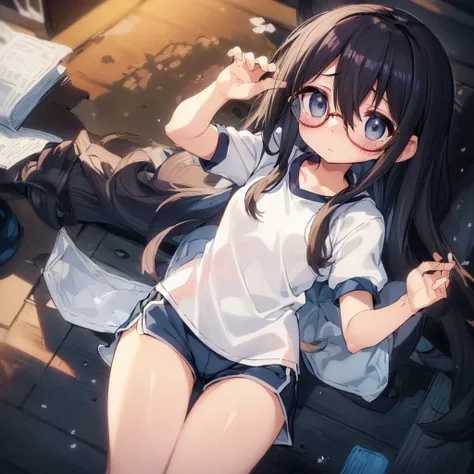 (big round glasses:1.3)、(Cowardly、sorrow、blush、Teary-eyed:1.2)、Long black hair、White short sleeve shirt、( Navy Blue Shorts、Wide Hem Shorts 、Shorts and thigh gap、Wide opening on shorts:1.3)、(Gym clothes)、 Petite body、Flat body