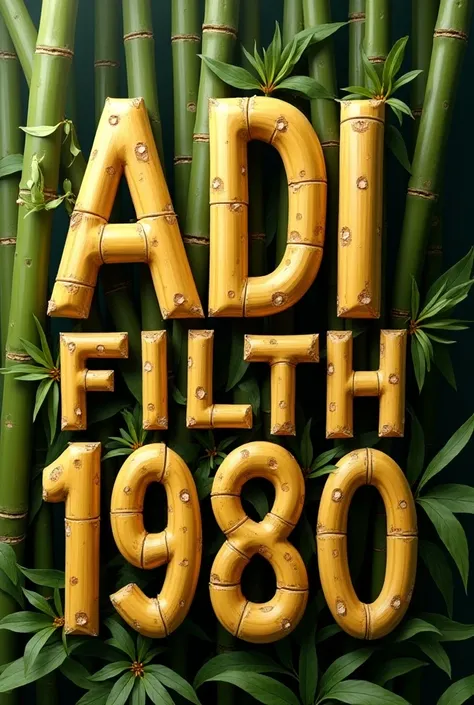 A realistic photo of  the letters   " ADI FILTH 1980 " made of bamboos. All letters in CAPITAL. 1980 is slightly smaller than "ADI FILTH" . Can include green and yellow bamboos creatively.must be a realistic ,3D, natural , real world image