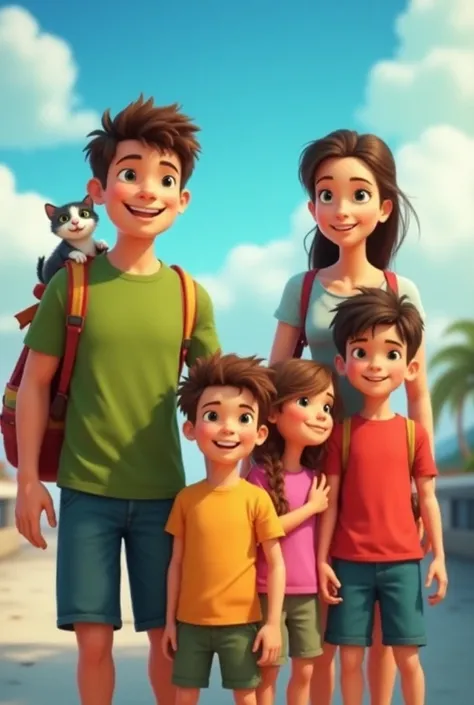 Animated image of a family traveling to Hawaii 
Mother orange t-shirt 
Father green t-shirt
Younger boy with yellow t-shirt 
Girl with a pink t-shirt
Older boy in a red t-shirt 
Kitten in a backpack