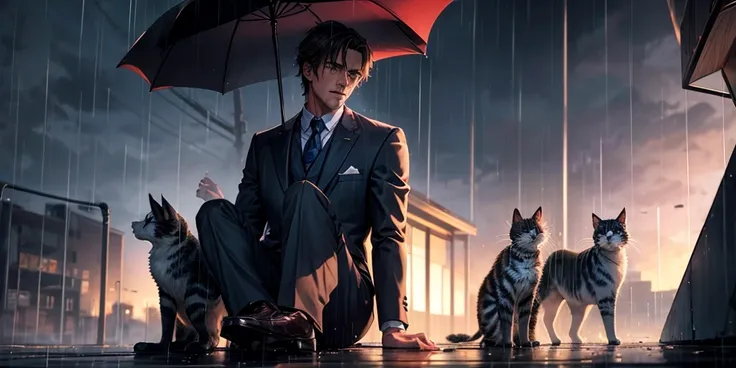 BACKGROUND IMAGE: HANDSOME MAN IN SUIT SITTING CRYING KITTENS IN FRONT IN THE RAIN AT NIGHT, LOOKING FROM AFAR