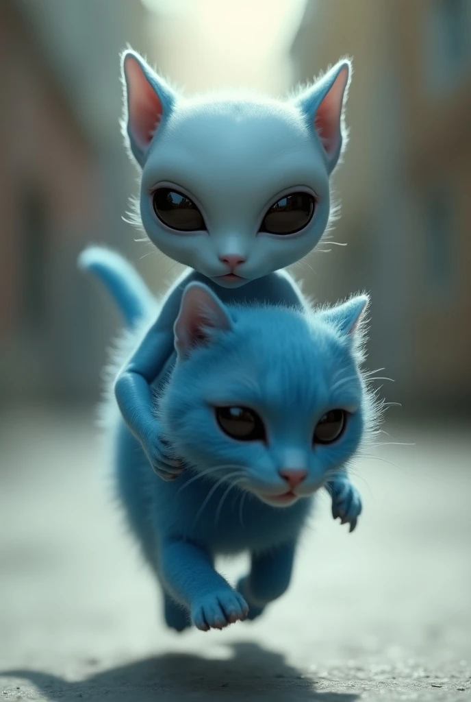 Hyper Realistic,A black eyes alien ride a cute deep blue color cat running.16K