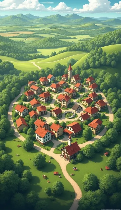 A picture of a rural town looking down from the sky