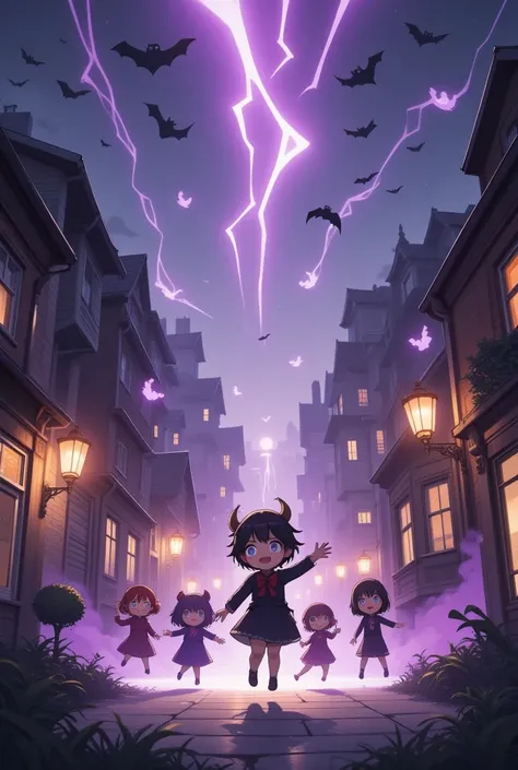 it says "Happy Halloween", conceptual installation fantasy art, kawaii chibi characters of boys and girls, excited, joy, jumping up, purple, orange, illuminated lines, background black and white residential streetscape, dancing ghosts various effects, deli...