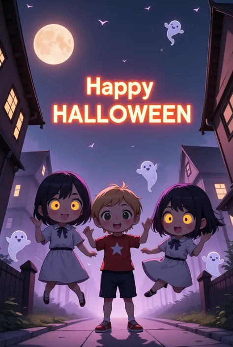 it says "Happy Halloween", conceptual installation fantasy art, kawaii chibi characters of boys and girls, excited, joy, jumping up, purple, orange, illuminated lines, background black and white residential streetscape, dancing ghosts various effects, deli...