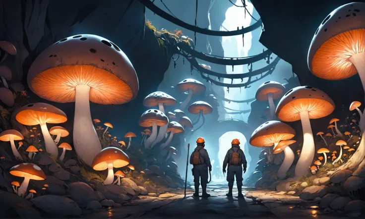 a cavernous underground world, a city of glowing mushrooms, mole men wearing miners helmets, highly detailed, cinematic, professional lighting, 8k, hyperrealistic, intricate details, dramatic shadows, warm color palette, natural textures, moody atmosphere,...