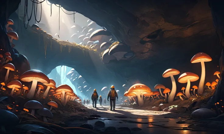 a cavernous underground world, a city of glowing mushrooms, mole men wearing miners helmets, highly detailed, cinematic, professional lighting, 8k, hyperrealistic, intricate details, dramatic shadows, warm color palette, natural textures, moody atmosphere,...