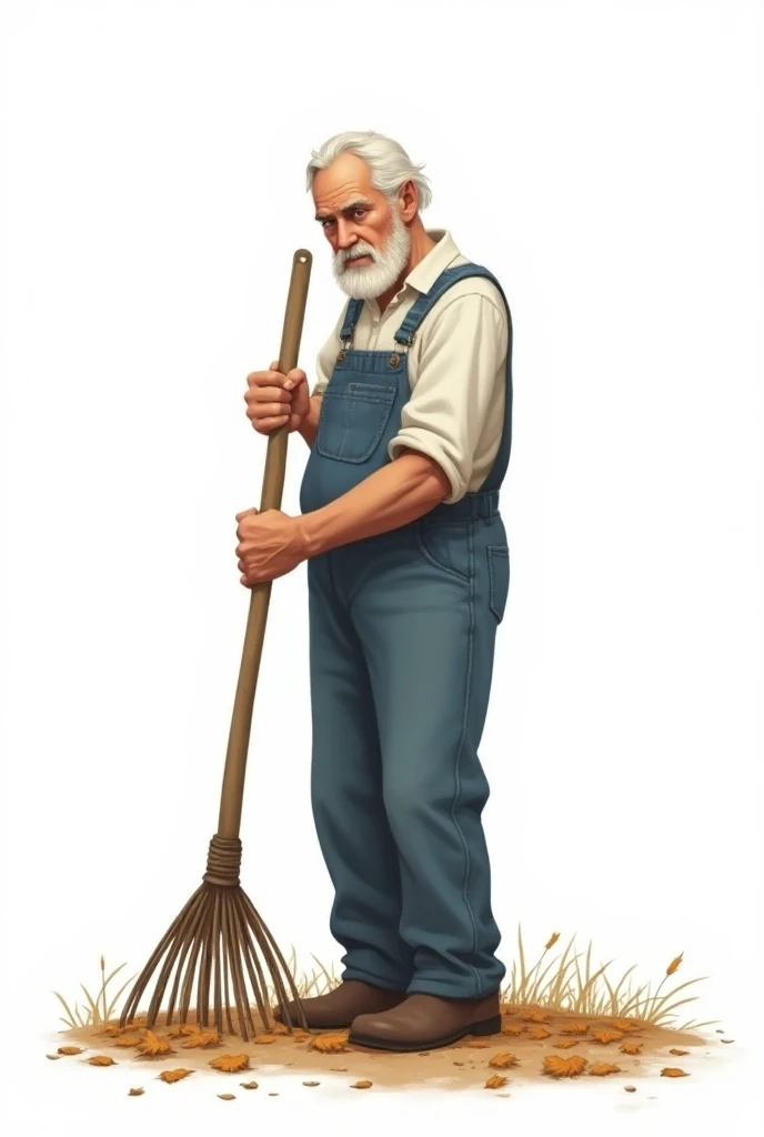 full body, white background, slightly thin man with white hair and beard ,  slightly tilted from his torso with denim overalls white shirt . looking down,  He is standing dragging with a single type rake for leaves dry leaves on the floor in a field, He ho...