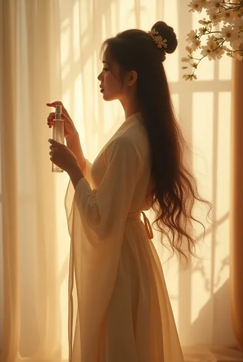 a girl in eastern Dress using tonic in a spray bottle in light brown color on her hair 