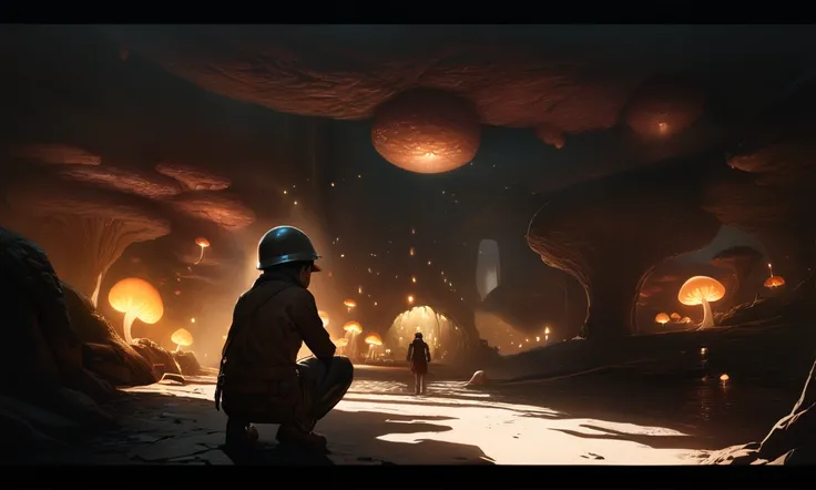 a cavernous underground world, a city of glowing mushrooms, mole men wearing miners helmets, highly detailed, cinematic, professional lighting, 8k, hyperrealistic, intricate details, dramatic shadows, warm color palette, natural textures, moody atmosphere,...