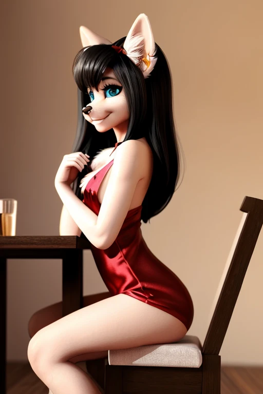 minx, sexy body, slim body, feminine, young, fluffy, Detailed fur, Cute, smile, furry, anthro, fur detailing, 3d, light erotica, Model, (flat chest, chest fluff, chest covered by fur), long hair, long tail, wearing a red silk romper, side view, sitting on ...