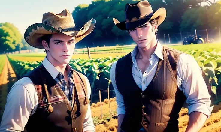 [((highly detailed, detailed eyes, detailed face, clear and realistic facial features, photorealistic, realistic light, cinematic, facing the viewer)), ((((2 men, aged in their 20s)))), (((((Gorgeous sexy masculine male farmhand, each looks unique))))), ((...