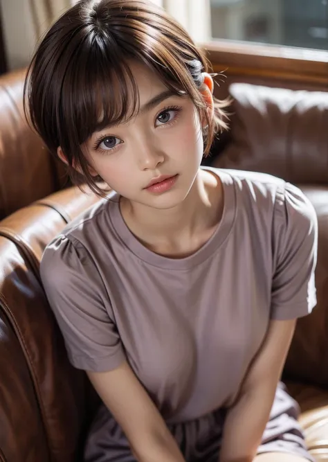 Cute 1 girl、、Big brown eyes、 short pixie cut hair 、 Light Chestnut Hair 、 light purple French sleeve t-shirt 、Watching Me、Luxuriously furnished room 、 sitting on a luxurious classic sofa、Full body portrait photography、Soft lighting、Well-balanced body、Sharp...