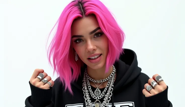 (masterpiece, best quality:1.2),
(8K, ultra-detailed, hyper-detailed, RAW photo quality, Unreal Engine rendering:1.3),
(close-up view of a female rapper with vibrant pink hair, facing forward, upper body only:1.5),
(dressed in oversized streetwear: a black...