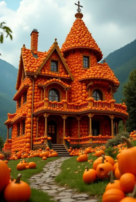 A house made entirely of orange pumpkins for Halloween, a big, spacious house in a foreign country, two stories, lots of decorations 