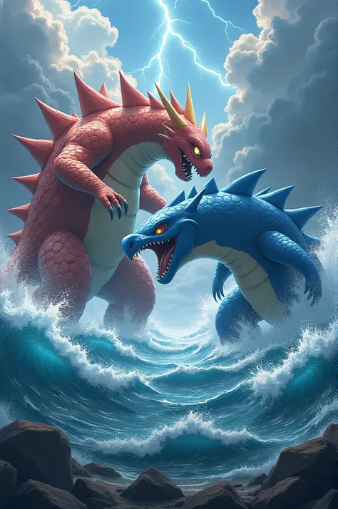 Groudon and Kyogre from Pokémon fighting in 8k in a cinematic image 