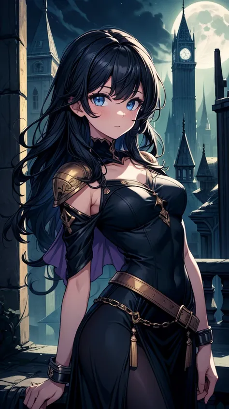 ((((masterpiece, best quality:1.3, high detail)))), beautiful woman, long wavy hair, (dark blue hair), hairpin, bright blue eyes, (purple blouse), ((long black skirt)), pencil skirt, long black skirt:1.3, belt, collarbone, ((atmospheric)), ((shade)), stone...