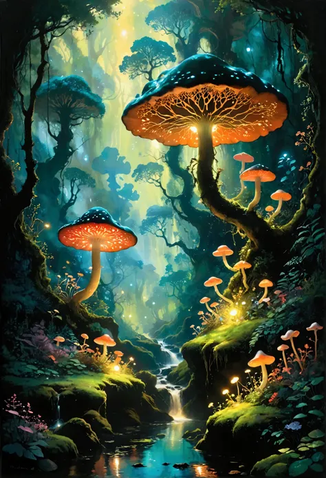 Picture an underground forest, a verdant expanse hidden from the world above, where bioluminescent flora creates a spectacle of light and shadow. Giant mushrooms soar upwards like ancient trees, their caps speckled with glowing spores that drift through th...