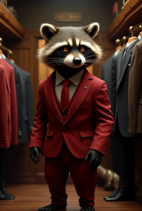 Gray A tall aggressive raccoon with amber eyes in a classic red suit and tie is standing in an expensive classic suit store. Hes trying on different looks . photorealism